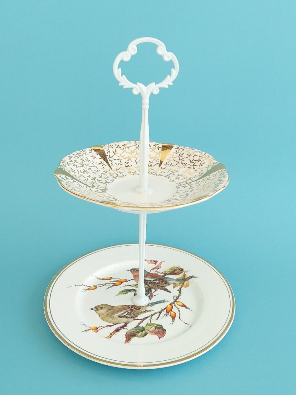 Vintage Bone China 2-Tier Cake Stand Floral Serving Tray